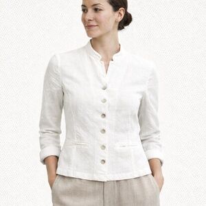 Eileen Fisher Linen Blend Cropped Jacket White Mandarin Collar Welt Pockets S